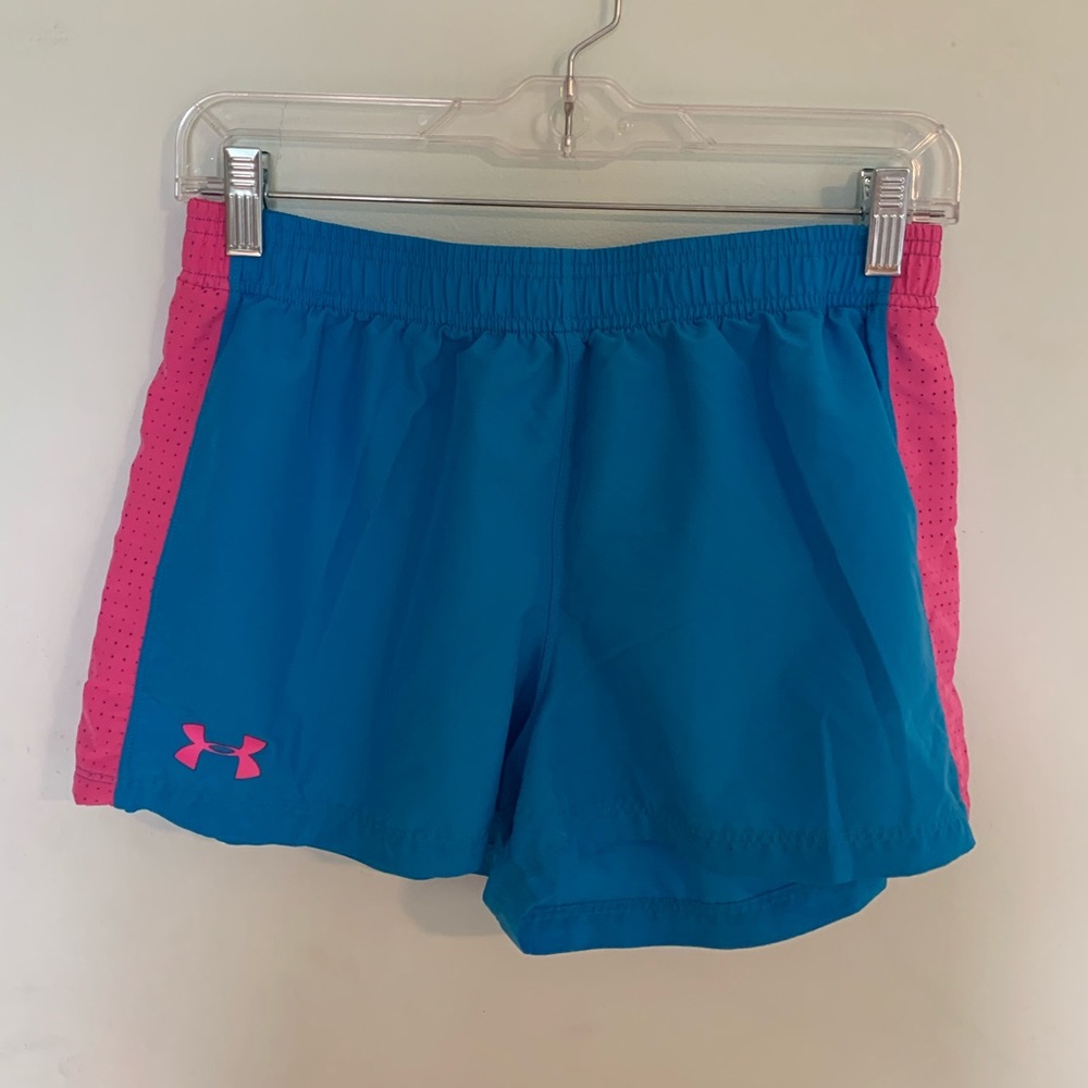 blue and pink under armour shorts